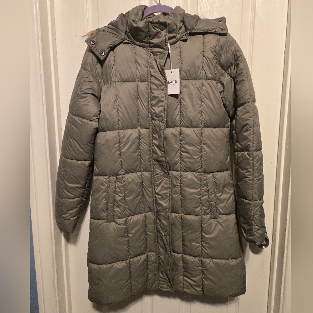 Haute Edition Women's Mid-Length Padded Parka Coat with Faux Fur Lined Hood